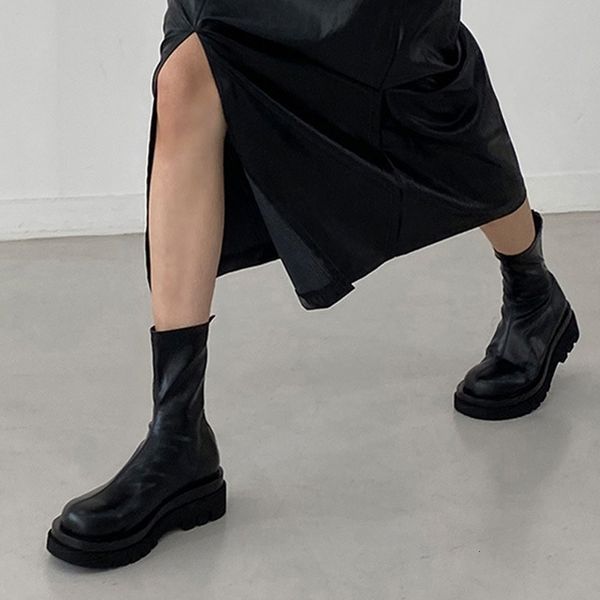 

dress shoes ladies autumn boots fashion soft leather chelsea ankle thick platform zipper women's long 2021 winter female la5p, Black