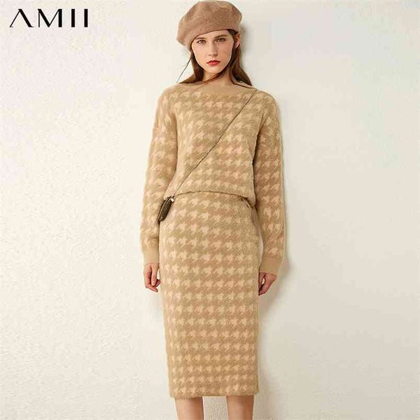 

minimalism autumn winter suits for women fashion houndstooth oneck loose sweater high waist aline women's skirt 12070372 210527, White