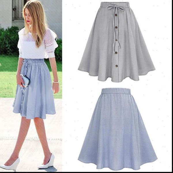 

high waist striped fashion women skirt summer knee length a line pleated button solid elegant cute ropa mujer, Black