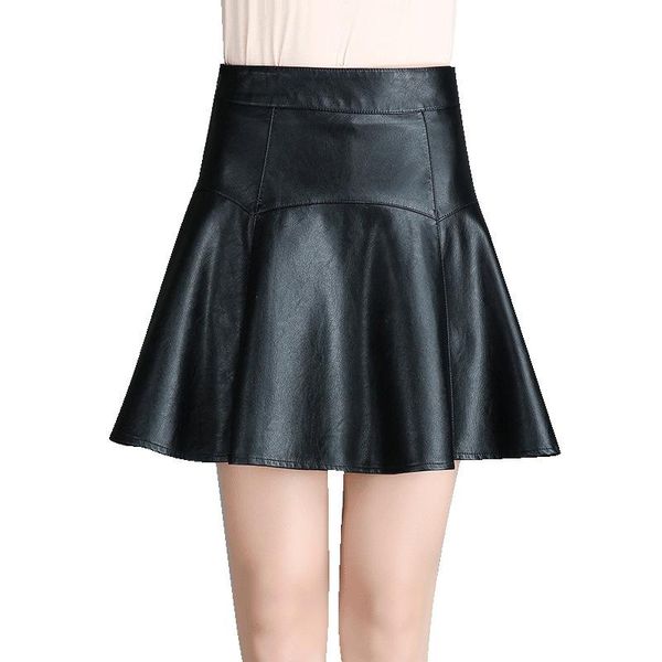 

skirts mini skirt autumn pu leather short high waist pleated cake leisure womens, Black