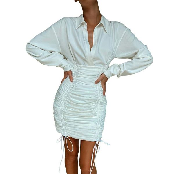 

autumn drawstring pleated slim dress women batwing sleeve turn-down collar white bodycon midi party vestidos casual dresses, Black;gray