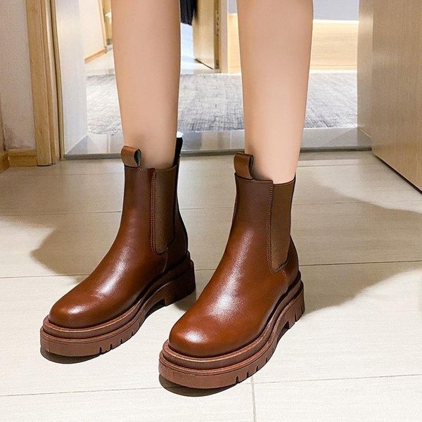 

boots women fashion round toe winter shoes slip-on ankle female platform botas mujer, Black