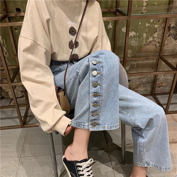 

women's jeans 2021 autumn women light blue denim trousers vintage wide leg korean straight long high waist casual loose jean pants e351