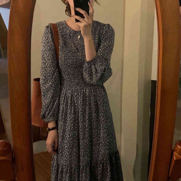 

dresses women es sleeves floral gentle french long sweet printing female o-neck fashion elegant, Black;gray