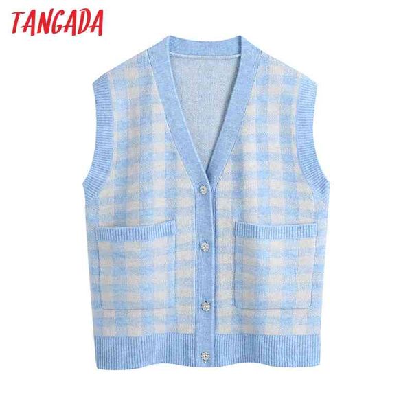 

women blue plaid oversized knitted vest sweater beading buttons v neck sleeveless waistcoat chic be274 210416, Black;brown