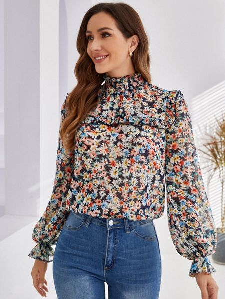 

floral print shirred neck lantern sleeve p3v3#, White