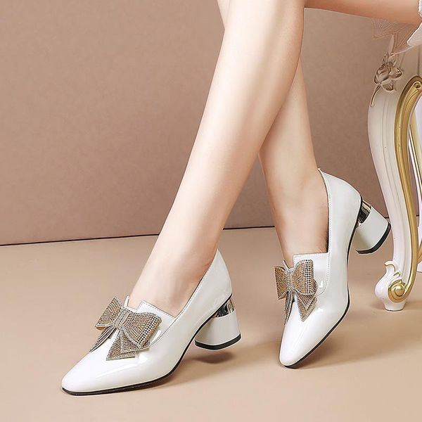 

dress shoes british style leather women's side with all-match pointed toe single fall 2021 rhinestone bow high heels, Black
