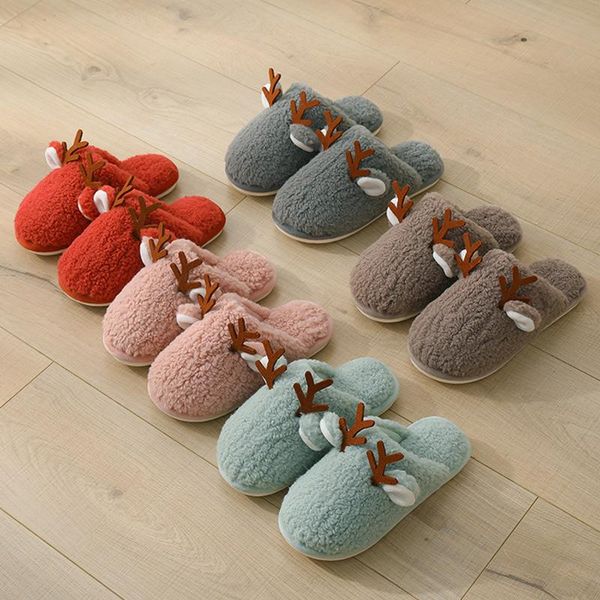 

winter indoor fuzzy shoes woman house slippers warm plush couple floor cartoon antler non-slip soft cotton, Black