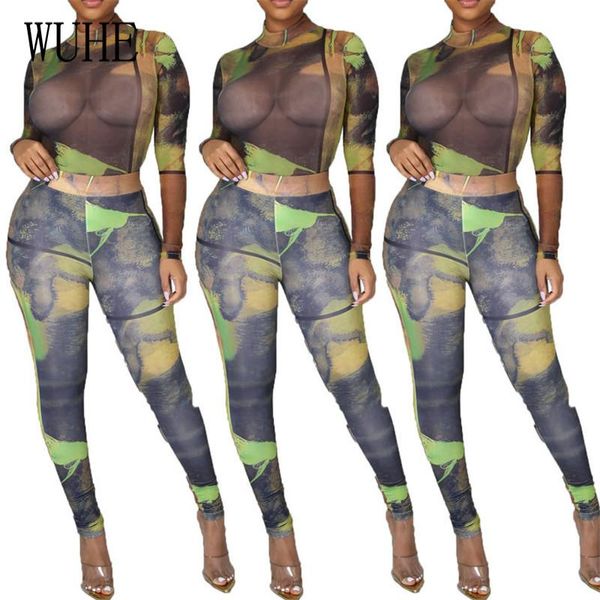 

women's two piece pants yeya print see through mesh set women long sleeve bandage bodysuit stretchy club party outfit, White