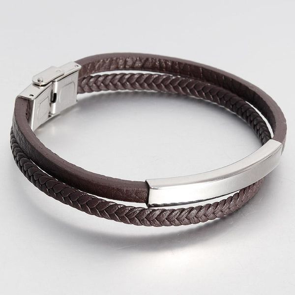 

charm bracelets fashion brown leather braid bracelet punk stainless steel buckle double layer bangle for men jewelry black rope chain vintag, Golden;silver