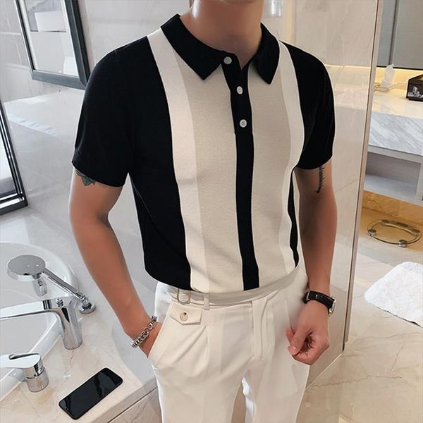 

fashion summer short sleeve shirt mens polo vintage patchwork knit slim shirts casual lapel button streetwear, White;black