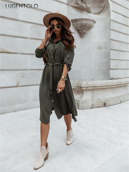 

lugentolo women princess dress v-neck lace up solid color single-breasted waist long sleeve lady casual fashion dresses, Black;gray