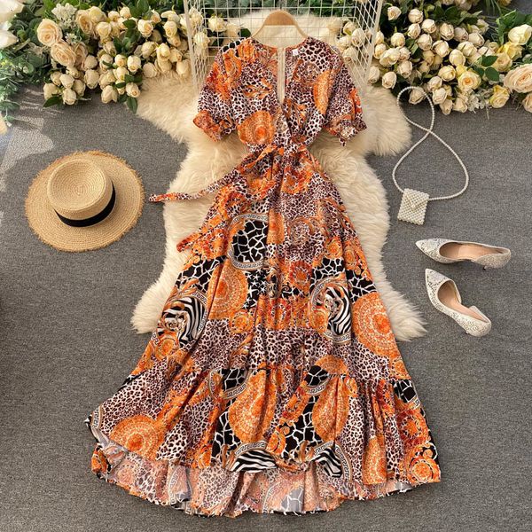 

two piece dress foamlina short sleeve summer women casual v-neck sash lace-up back zipper floral print a-line boho beach party max, White