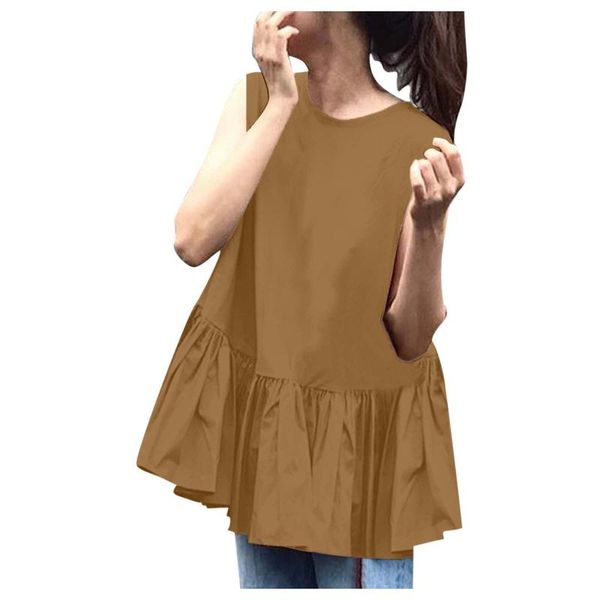 

women's tanks & camis 53# pleated women and bloues o neck shirts sleeveless solid tunic loose vest shirt chemises, White