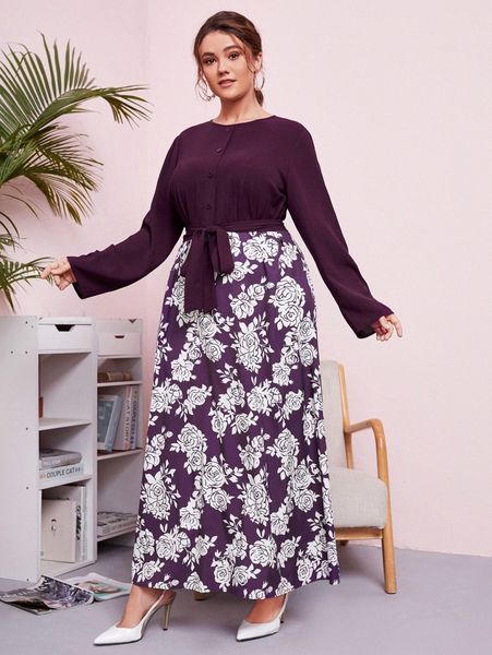 

plus floral print belted dress 40fj#, Black