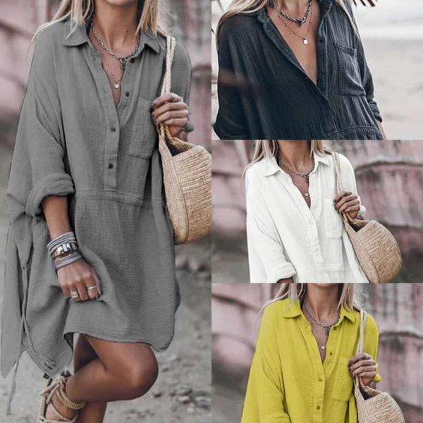 

autumn casual linen loose cotton linen v-neck medium length, White;black