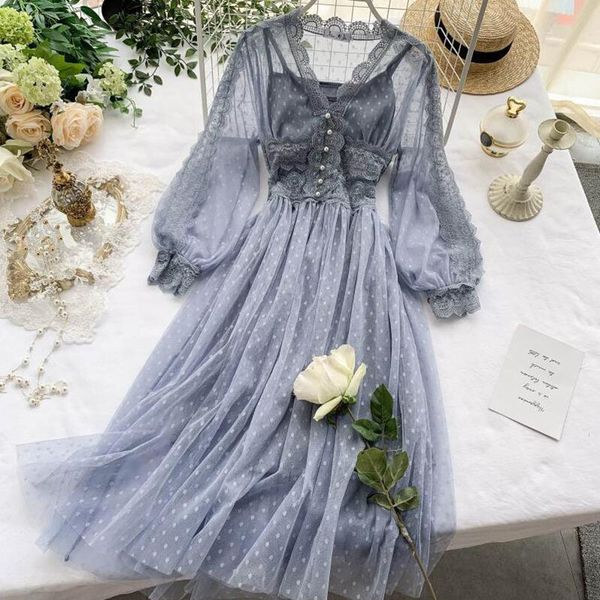 

dresses 2021 women mesh spring summer clothing long sleeve v-neck sweet es elegant slim gauze party, Black;gray