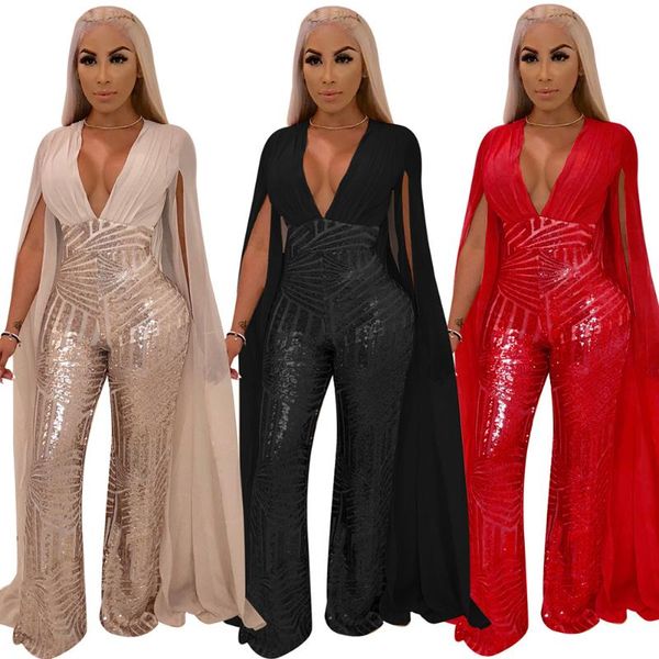 

women's jumpsuits & rompers 2021 women gold sequins cloak long sleeve jumpsuit open back deep v neck bodycon party overalls, Black;white