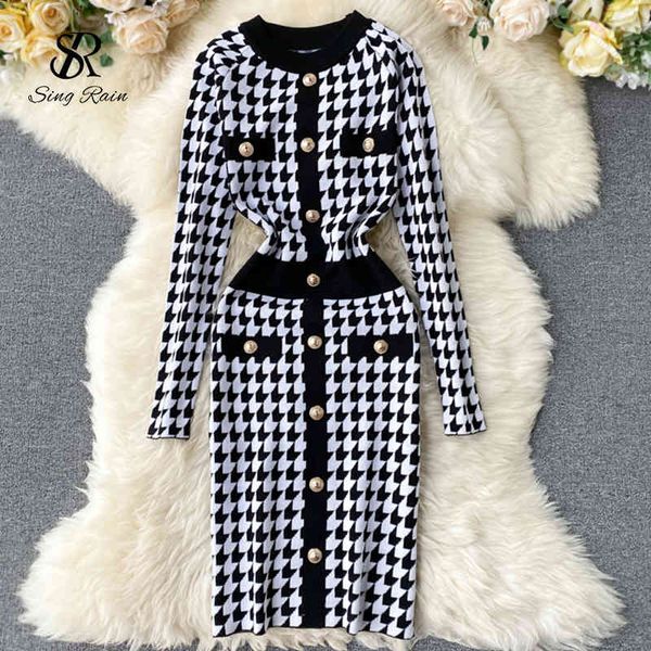 

women plaid houndstooth knitted dress autumn fashion retro knit sweater robe work streetwear winter bodycon plaid dress 210419, Black;gray