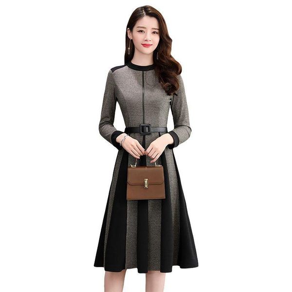

casual dresses women 2021 spring autumn stitching color knitted sweater dress female high waist lady elegant pleated a-line vestidos v628, Black;gray