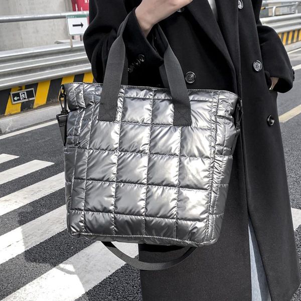 

evening bags winter space cotton women tote down feather pad female shoulder handbag ladies big nylon lattice shopper messenger bag