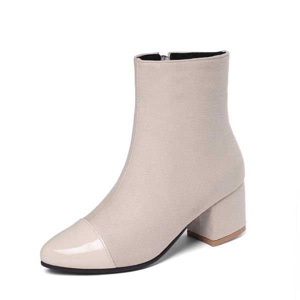 

boots square heel women winter flock warm shoes pointed toe ladies high heels women's ankle botas, Black