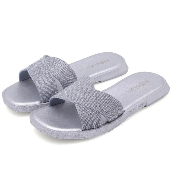 

slippers 2021 spring and summer women fashion cross shiny beach shoes flat sandals a016, Black