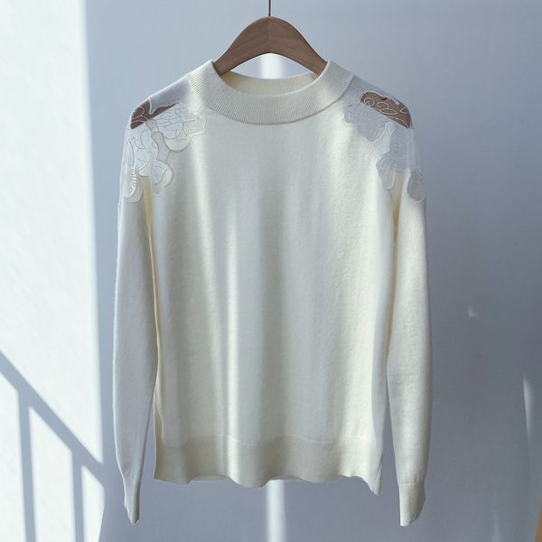 

sweaters 100% cashmere sweater women's shoulder lace mesh see-through embroidery female jumpers, White;black