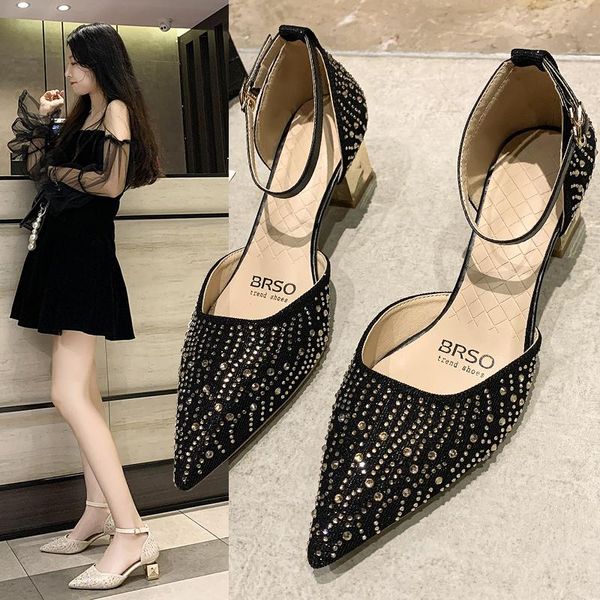 

dress shoes summer crystal women pointed toe pumps high heels boat wedding sandals zapatos mujer size 34-40, Black