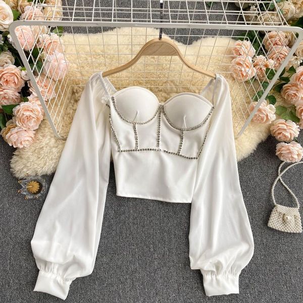 

spring fashion women elegant solid color square collare puff sleeve short blouse and blusas blanca j133 women's blouses & shirts, White
