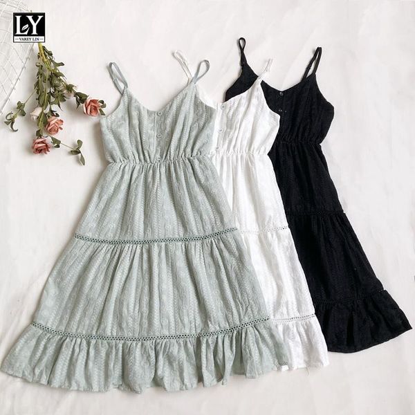 

casual dresses ly varey lin summer women sweet v-neck solid color slip dress holiday style sleeveless button female, Black;gray