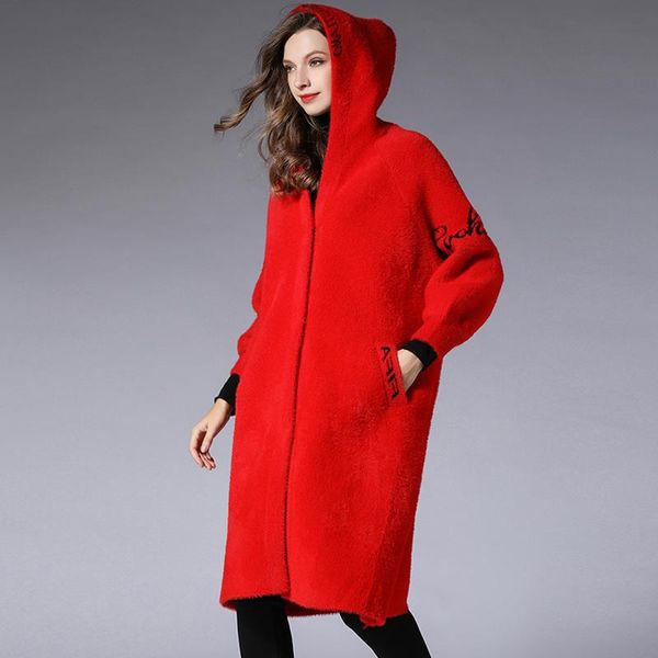 

women's trench coats winter loose imitated mink wool keep warm hooded coat casual long sleeve cardigans printing letter thicken knitwea, Tan;black