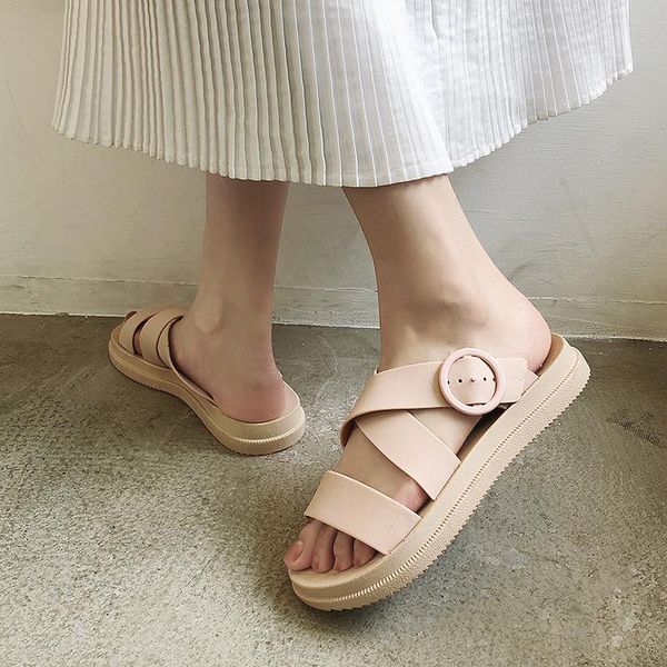 

slippers women summer pvc slip on thick bottom flat woman open toe casual shoes female non slides lady, Black