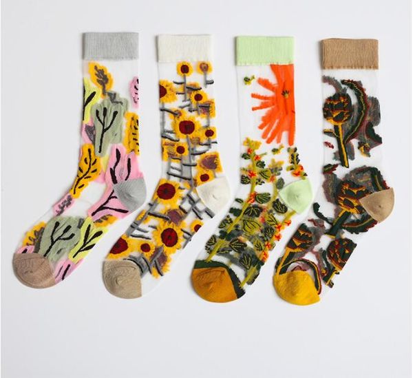 Yuppie Hip-Hop-Socken Frühling Sommer dünne Glasstrümpfe Mode Freizeit transparent atmungsaktiv zartes Design kleiner Baum Sonnenblume lächelndes Gesicht Frische Distel