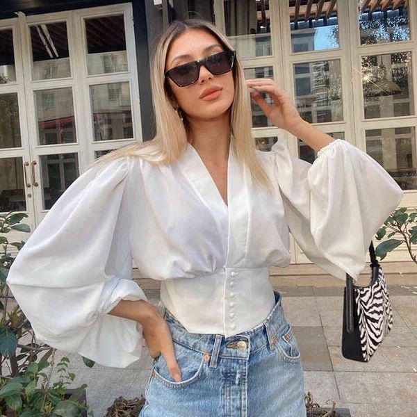 

v neck button up lantern sleeve white blouse women office ladies black vintage crop summer spring short 210415