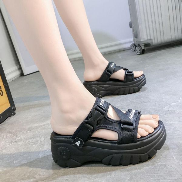 

sandals summer 2021 women leather weave slippers platform wedges thick sole black beach outdoor slides casual ladies shoes