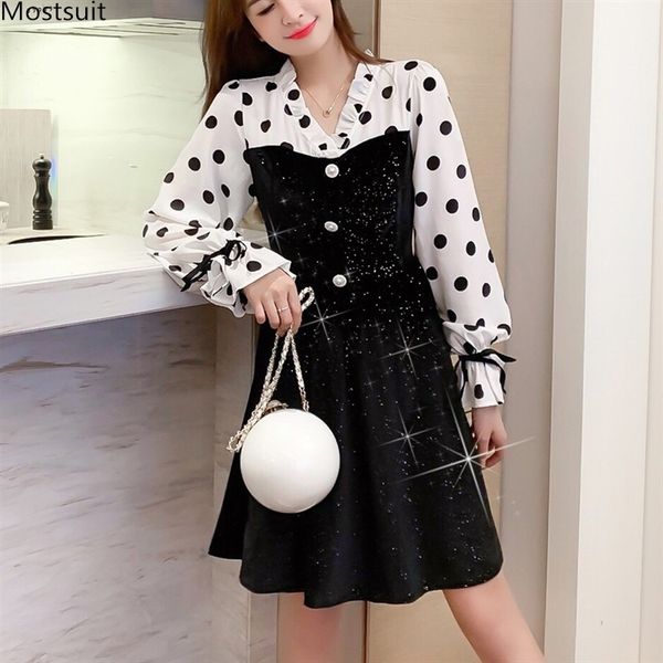 

spring autumn long sleeve dot vintage elegant mini dress women tunic v-neck chiffon velvet patckwork a-line dresses korean 210518, Black;gray