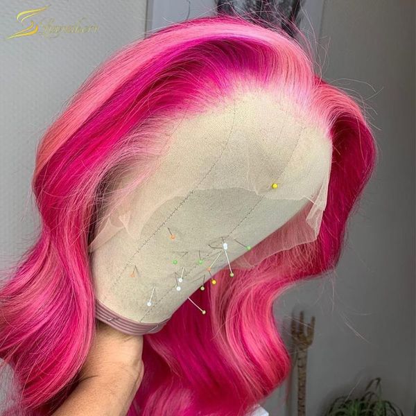 

lace wigs ombre highlight pink red colored water wave front wig straight hd transparent frontal human hair pre plucked full, Black;brown