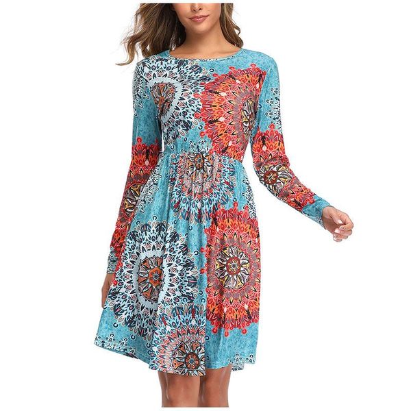 

casual dresses 2021 chiffon dress fashion women sky blue floral print beach loose long sleeve o-neck party female vestidos, Black;gray