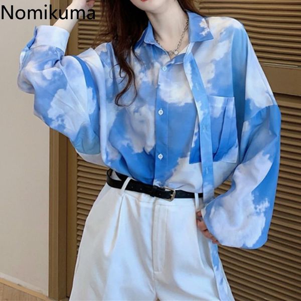 

nomikuma blusas mujer long sleeve dye tie printed shirts single breasted loose blouses female korean fashion 3c467 women's &, White