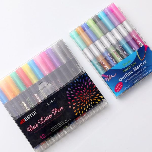 

highlighters 8 /12 pcs/set double line pen outline paint marker for diy scrapbooking metal glitter drawing painting doodling, Black;red