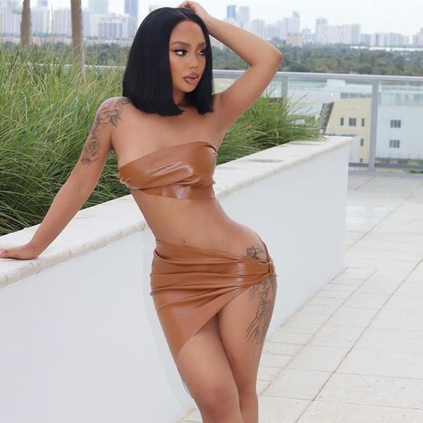 

faux leather pu womens dresses off shoulder y2k skirt matching 2piece sets asymmetrical clubwear party wild outfits, White