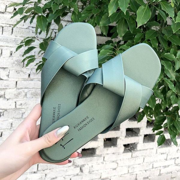 

women slipper round toe green yellow colors summer beach slides flip flops outdoor casual sewing shoes woman solid slippers, Black