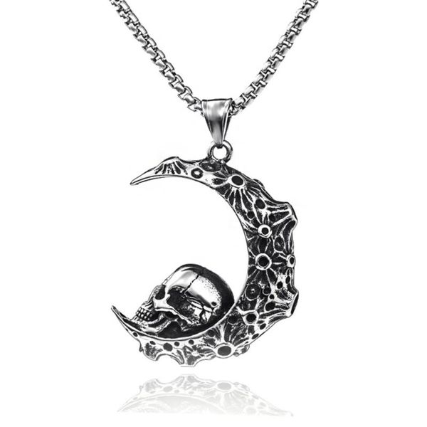 

pendant necklaces personality creative fashion trend moon titanium steel necklace retro hip hop crescent skull jewelry, Silver