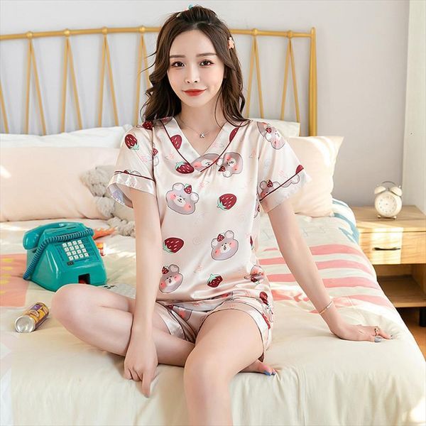 

summer pajamas ice silk short womens sleepwears sleeved shorts two piece girl cute loose v neck home service cartoon, Black;red