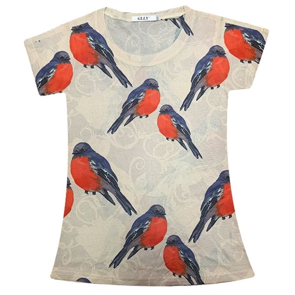 

summer fashion women's o neck short sleeves birds print t-shirt tee female pullover casual tees 210428, White