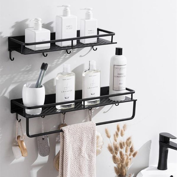 

mablack wall shelf cookware storage organizer kitchen pantry bathroom pot pan rack with 6 hooks accessory shelves