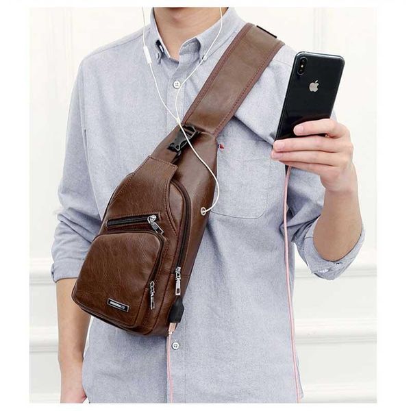 

duffel bags usb charging men teen chest pack leather sling shoulder bag boys portable phone crossbody fashion handbag a66