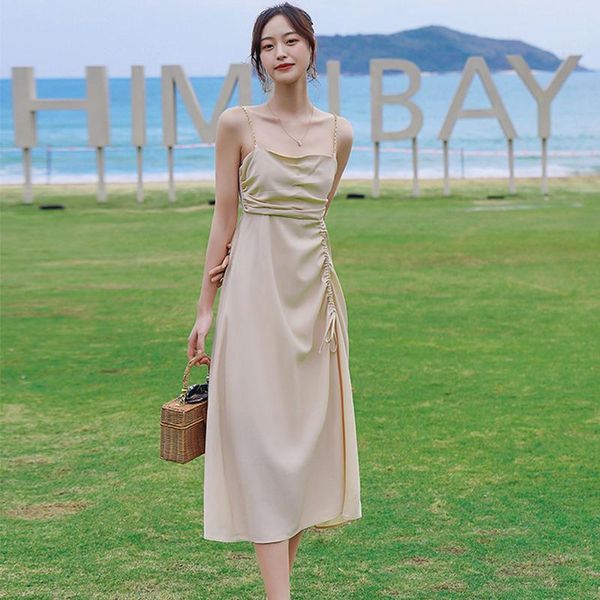 

casual dresses fashion summer beach midi dress ladies elegant vacation clothes strap metal chain backless folds shirring, Black;gray
