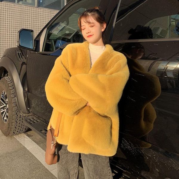 

women's fur & faux 2021 women winter fashion imitation mink jackets female solid color thicken warm coats ladies loose outwears m592, Black